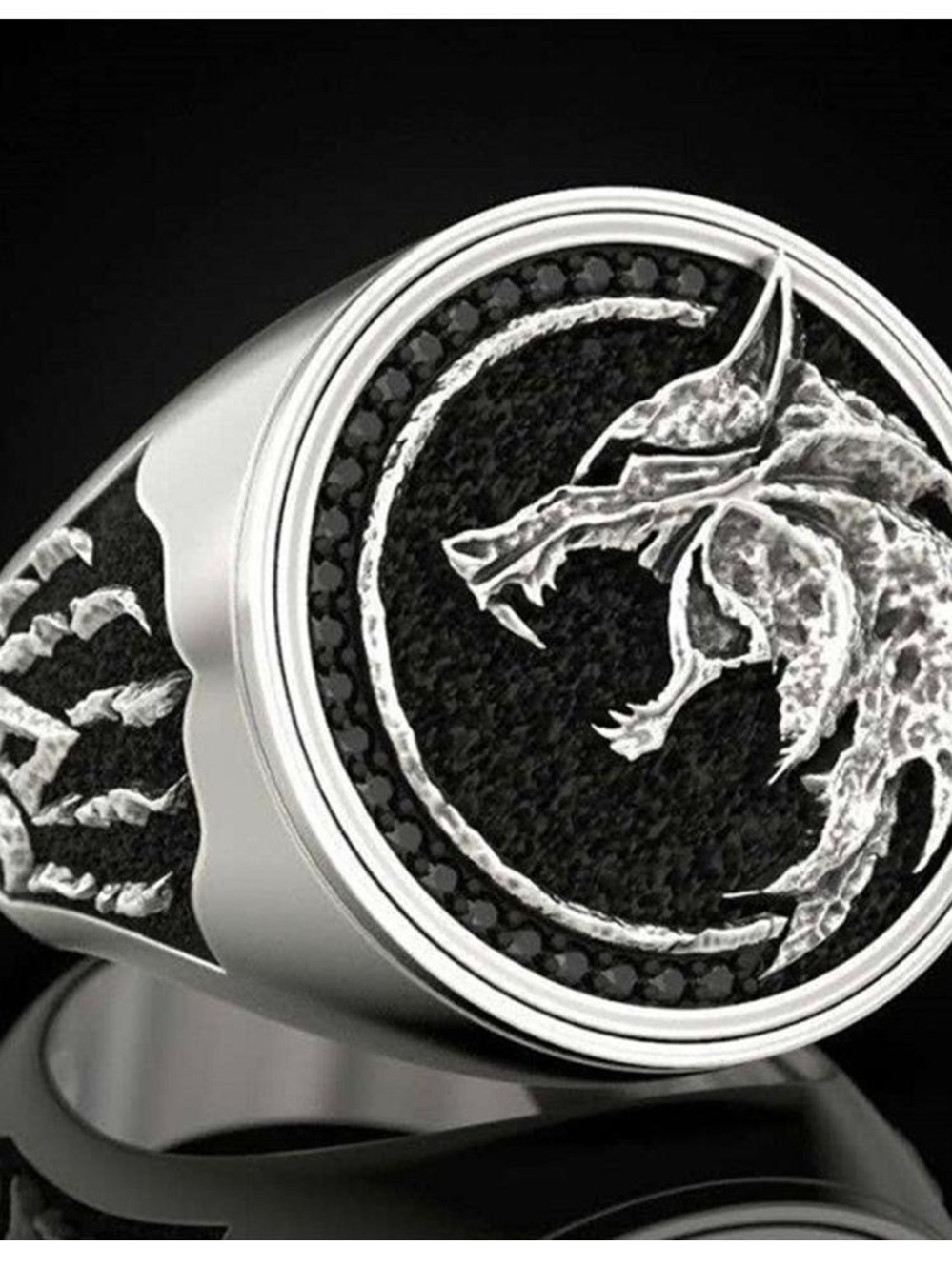 Men's Silver Dragon Signet Ring in Black and Silver